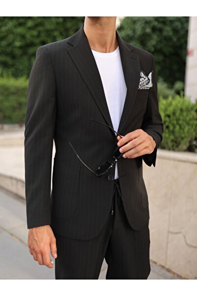 AEK FIORE Erkek Siyah Çizgili Gofre Dokulu Takım Elbise