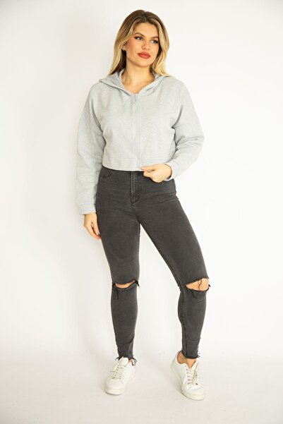 Şans Жіночий великий розмір сірий з шардоном 2 нитки тканина з капюшоном світшот 65n35076