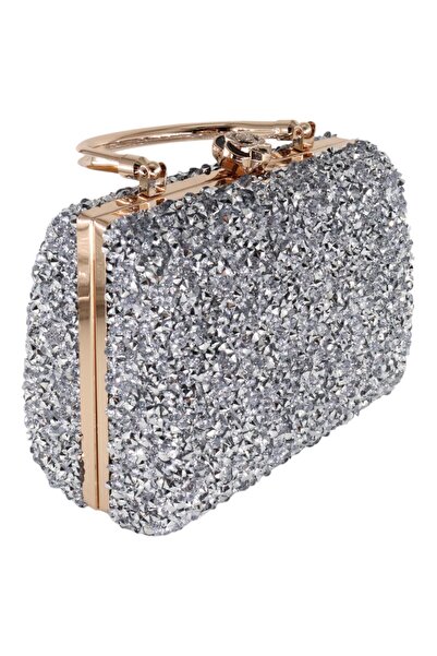 HFKY Geantă de seară argintie - Geantă de seară de mână și de umăr cu piatră de cristal