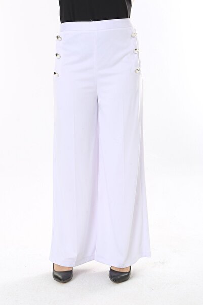 Şans Γυναικείο μεγάλου μεγέθους λευκό διακοσμητικό μεταλλικό παντελόνι χωρίς τσέπη 65N37817
