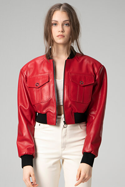 Dericlub Beatrice Kadın Ribanalı Hakiki Deri Crop Mont