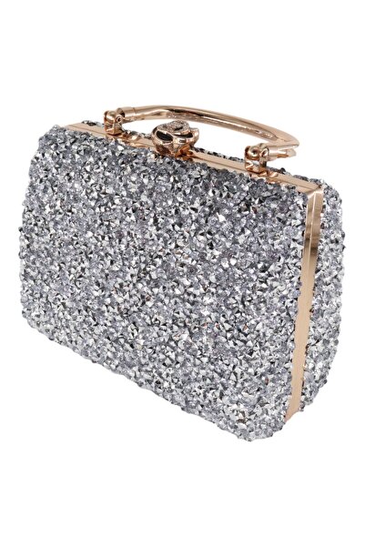 HFKY Geantă de seară argintie - Geantă de seară de mână și de umăr cu piatră de cristal