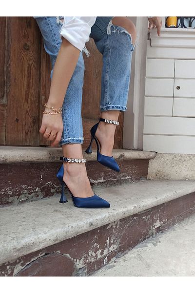 Atelierby DS Navy Blue Satin Ankle Stone 11 Cm Champagne Heel Bracelet Women's Heeled Shoes