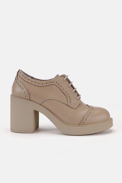 TUNAELLİ PANTOFI OXFORD CU TOC DE PIELE NATURALĂ BEJ DE FEMEI