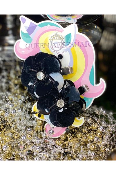 QUEEN AKSESUAR Large Shiny Mirror Sequined Rhinestone Special Design Floral 2-Piece Buckle Set Black