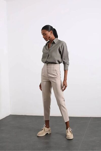 Laluvia Stone Color High Waist Fabric Trousers with Flat Front
