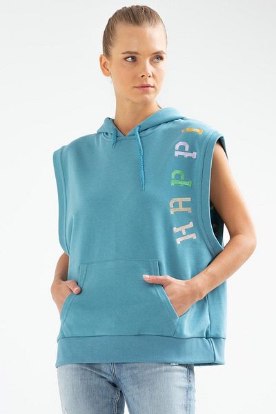 speedlife Hanorac pentru femei, albastru, slim fit, buzunar cangur, cu glugă, cu mânecă zero, Sc0978