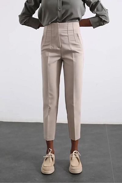 Laluvia Stone Color High Waist Fabric Trousers with Flat Front