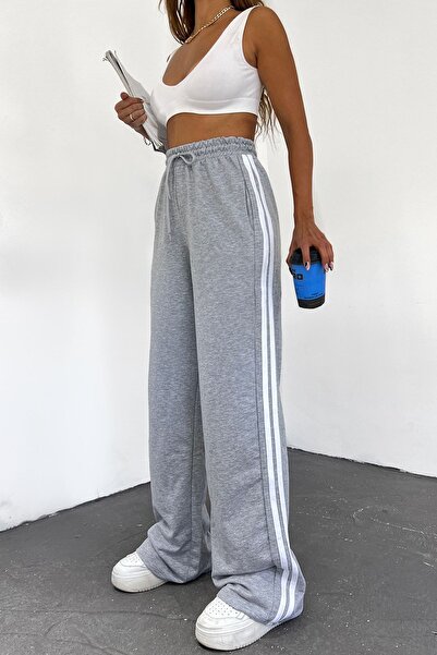 Sun Victoria Γυναικείο γκρι συμπαγές χτενισμένο βαμβακερό ψηλόμεσο ριγέ φαρδύ πόδι εποχιακό παντελόνι