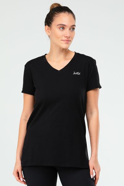 speedlife Tricou negru slim din bumbac cu decolteu în V cu mânecă scurtă pentru femei Sf03901