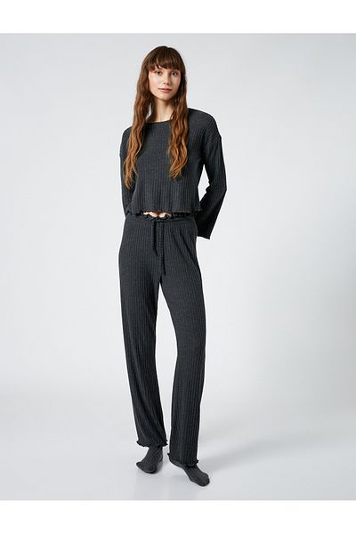 Koton Pajama Bottoms with Lace Waist Ribbed Straight Leg