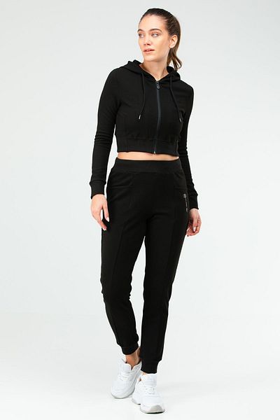 speedlife Black Regular Hooded Crop Women's Tracksuit Set Sa2629
