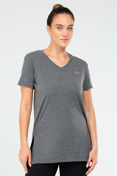 speedlife Tricou de damă, antracit, slim fit, bumbac, cu decolteu în V, cu mânecă scurtă, Sf03901