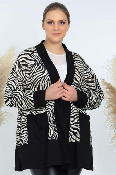 Kheos Special Design Zebra Patterned Stylish and Stylish Short Cardigan with Pockets