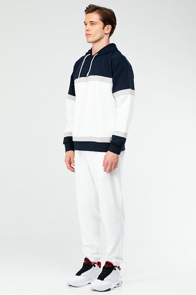 speedlife Ecru Navy Blue Men's Tracksuit Set - Cotton, Hooded, Rubber Legs Xa1731