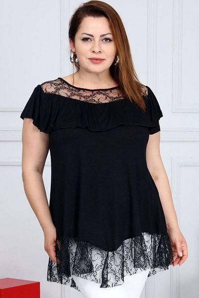Kheos Stylish Tunic with Frilled Short Sleeves and Lace Detail on the Hem