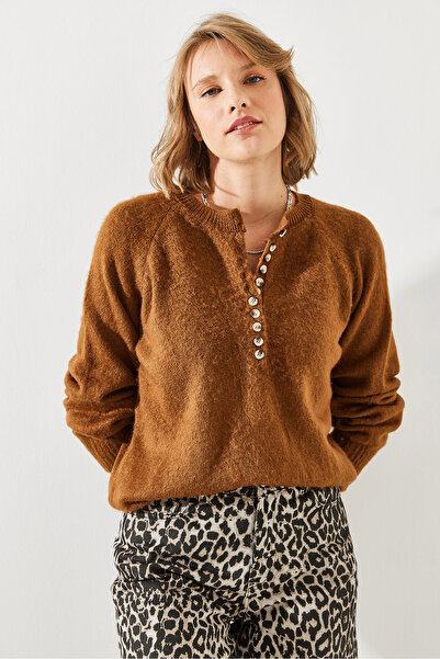 Bianco Lucci 11 Buttoned Raised Striped Women's Knitwear Sweater