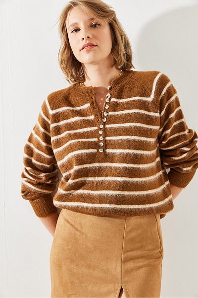Bianco Lucci Gestreifter Strickpullover für Damen mit 11 Knöpfen