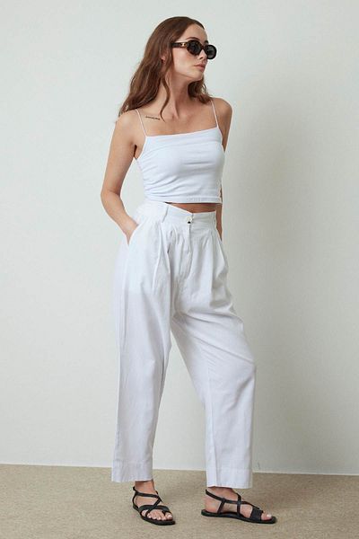 Hooopstore White Linen Trousers - Pleated Design