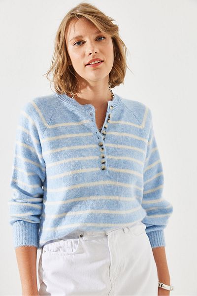 Bianco Lucci 11 Buttoned Raised Striped Women's Knitwear Sweater