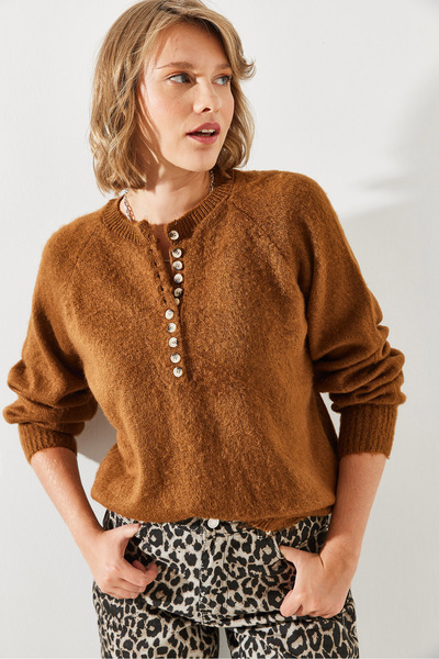 Bianco Lucci 11 Buttoned Raised Striped Women's Knitwear Sweater