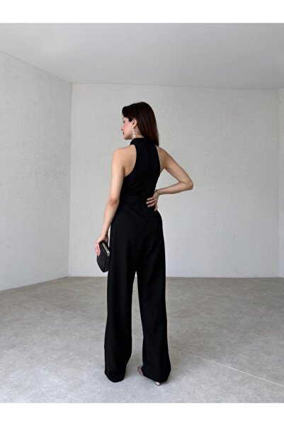 Afiş Butik Siyah Çapraz Halter Yaka Kemerli Tulum