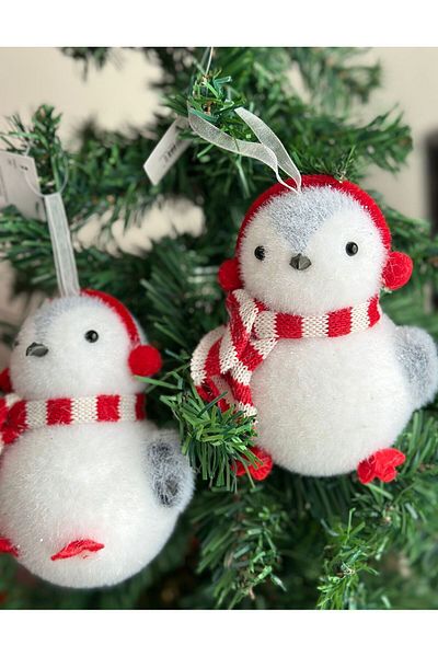 QUEEN AKSESUAR Imported luxury christmas collectable feathered cute headphone scarf ornate penguin pine tree tree decoration