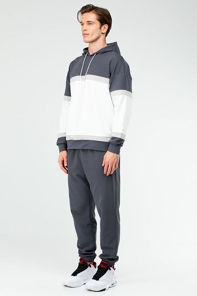 speedlife Ecru Smoked Regular Cotton Hooded Rubber Leg Men's Tracksuit Set Xa1731