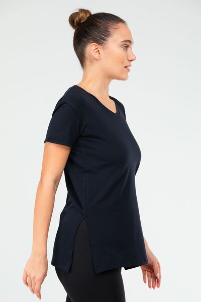 speedlife Tricou de damă, albastru bleumarin, slim fit, bumbac, cu decolteu în V, cu mânecă scurtă, Sf03901