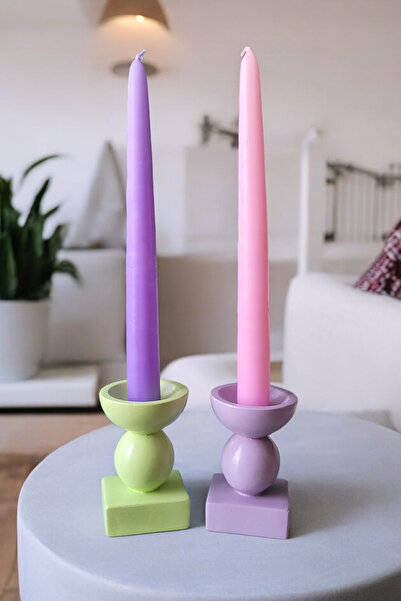 ARİENEL Sütun Mumluk Şamdan | 2'li Set | El Yapımı | Lila - Yeşil | Unique | ...