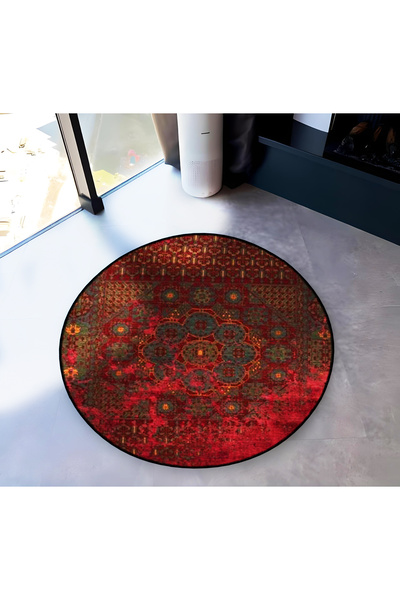 Rugs Modern Halı Bordo Temalı Motifli Geleneksel Desenli Yuvarlak Dokuma Taba...
