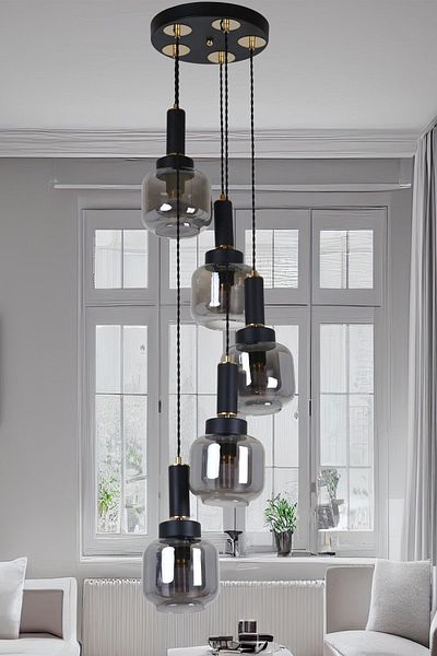 MŞ Aydınlatma Hector 5-Piece Black Smoked Glass - Gold Chandelier