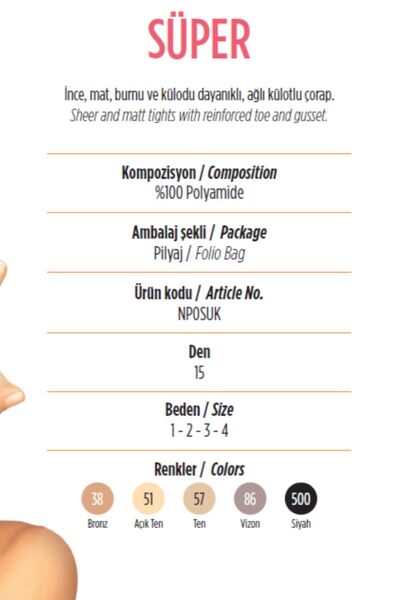 Penti 3 Pieces Super 15 Density Thin Toe Durable Mesh Pantyhose - Color No: 57