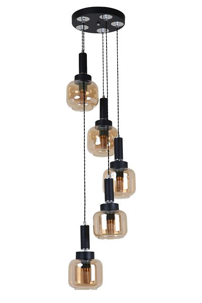 MŞ Aydınlatma Hector 5-Piece Black Chrome Honey Glass Chandelier Pendant Lamp