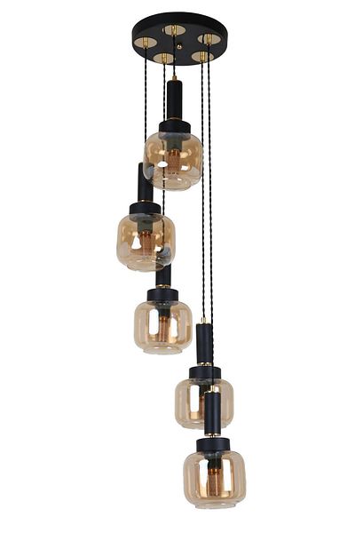 MŞ Aydınlatma Hector 5-Piece Black Gold Chandelier - Honey Glass Pendant Lamp