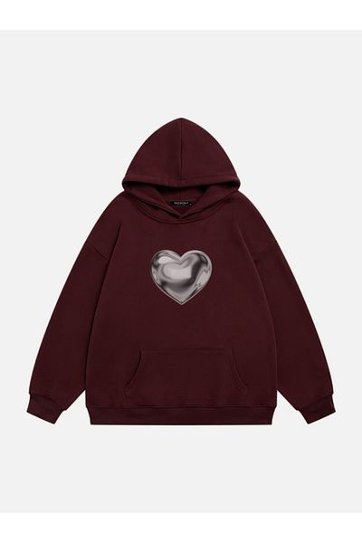 Mad&Calf Φούτερ Unisex Oversize Hooded Fleece - Ασημί χρώμιο με στάμπα καρδιάς