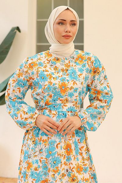 Bestenur Λινό φόρεμα Baby Blue Daisy 1094