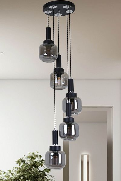 MŞ Aydınlatma Hector 5-Piece Black Smoked Glass Chandelier Pendant