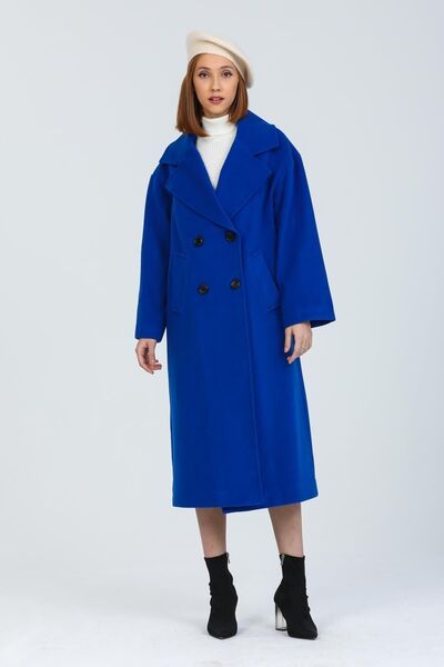 Pitti Kadın Saks Mavi Düğmeli Oversize Düğmeli Kaban