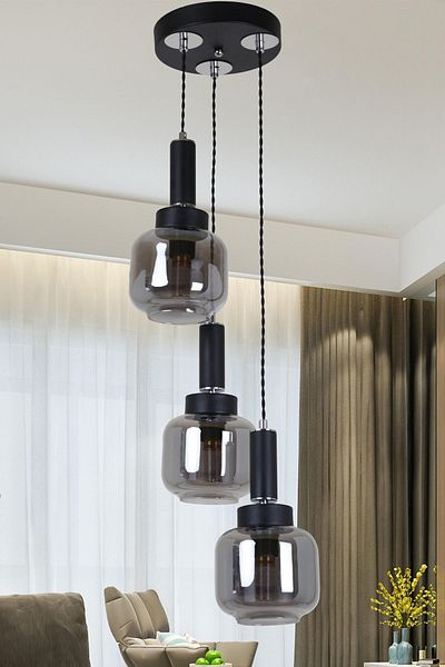 MŞ Aydınlatma Hector Set of 3 Black Chrome Smoke - Glass Pendant Lamp Chandelier