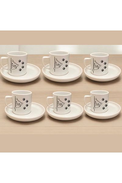 D&Y GAUDERY 6-Piece Cute Cat Patterned Turkish Coffee Cup Set - 12 Piece Dowry Set