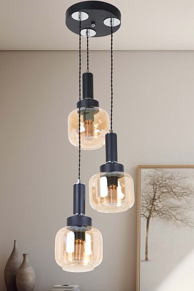 MŞ Aydınlatma Hector 3-Piece Black Chrome Honey Glass Pendant Chandelier Set