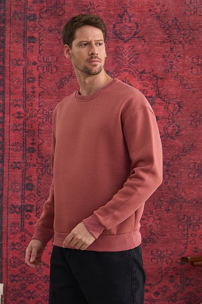 COMBİNE MİCHAİL Hanorac oversize pentru bărbați cu gât crew - 100% bumbac, țesătură cu 3 fire, trandafir uscat