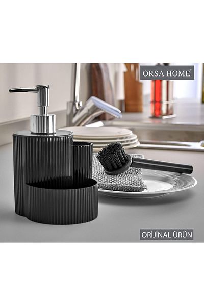 ORSA HOME 095 Liquid Soap Dispenser Set with Black Brush and Dish Sponge