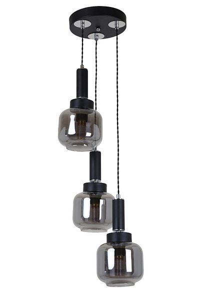 MŞ Aydınlatma Hector Set of 3 Black Chrome Smoke - Glass Pendant Lamp Chandelier