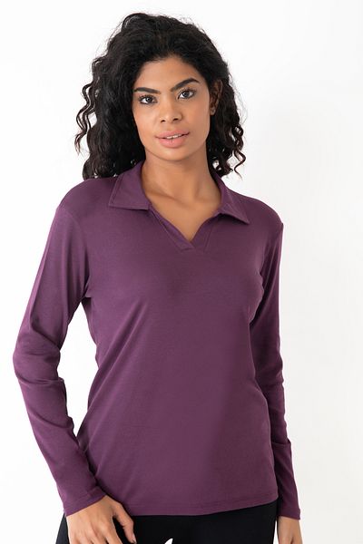 BANEGA Μωβ V-λαιμόκοψη Basic Cotton Lycra Μπλούζα Plus Size - Μακρυμάνικο