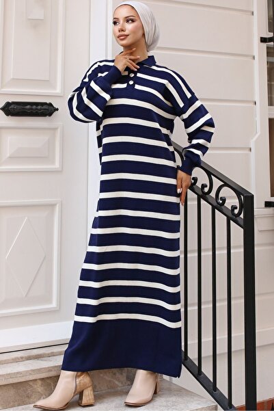 benguen Πλεκτό φόρεμα μπλε ριγέ - 11031-08, γιακάς με κουμπιά