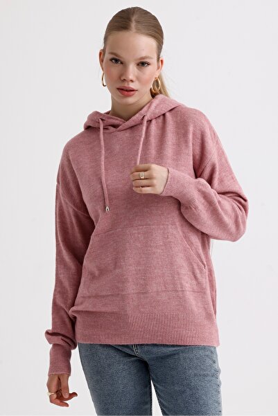 MD trend Kangaroo Pocket Hooded Back Written Knitwear Women's Sweater