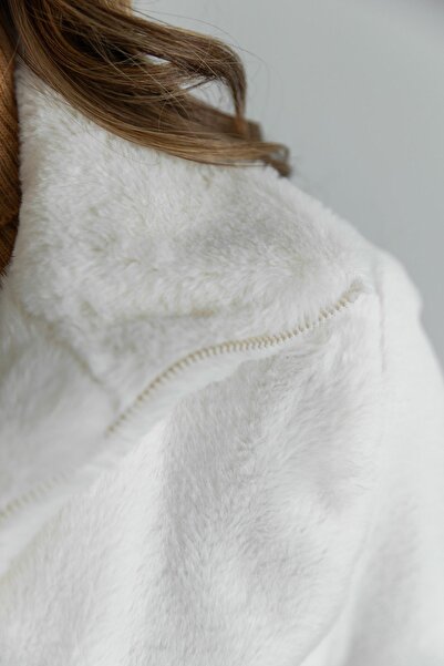 HARMONY GLOBAL Λευκό βελούδινο παλτό - Διπλή τσέπη και φερμουάρ, με φόδρα, γυναικείο, 2049