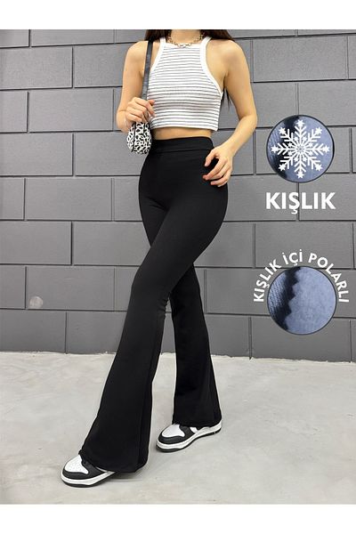 RuyaMood Pantaloni de damă, negri, de iarnă, cu fleece în interior, cu talie înaltă, din lycra